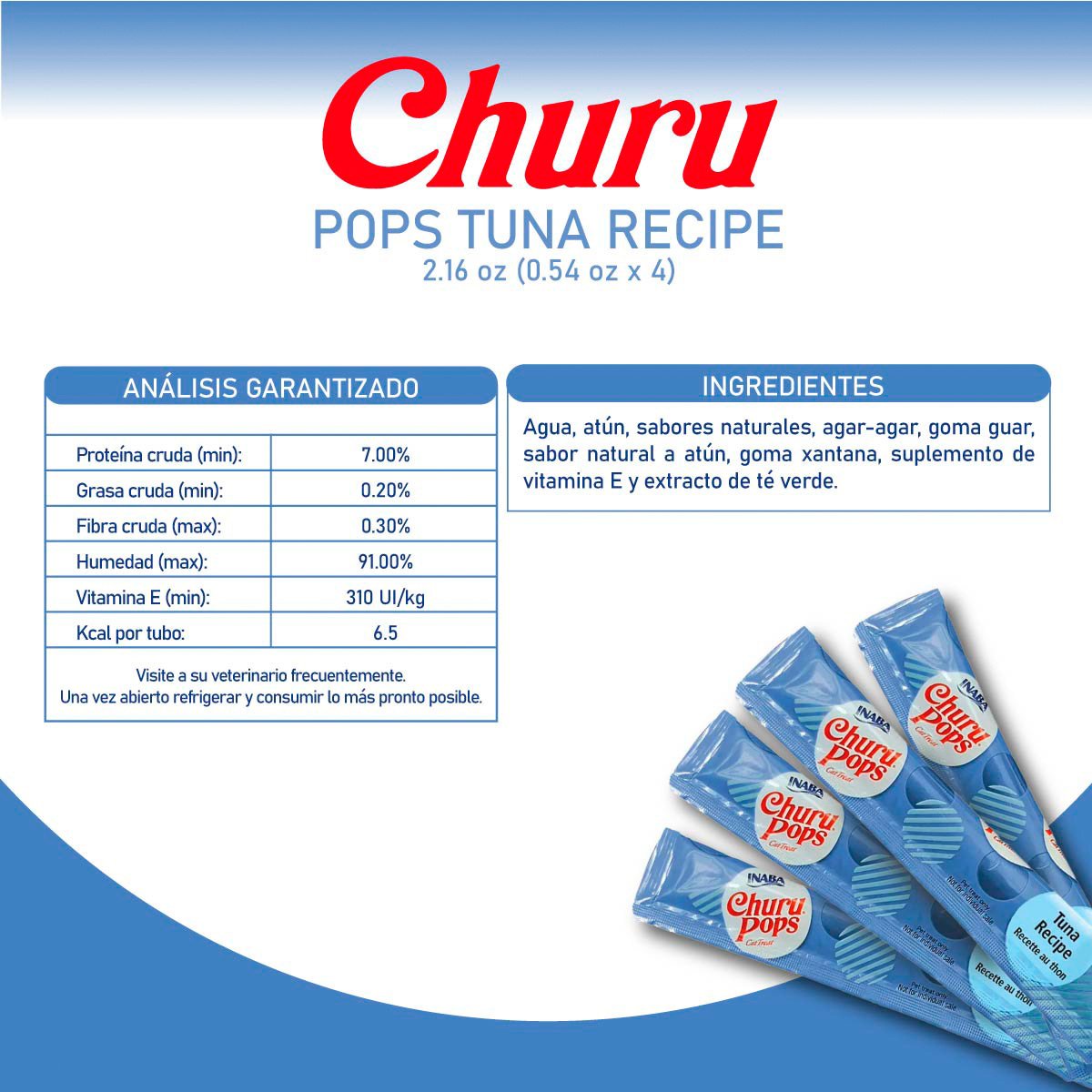 Churu Pops Premio Suave Natural para Gato Todas las Etapas de Vida Receta Atún 4 pzs