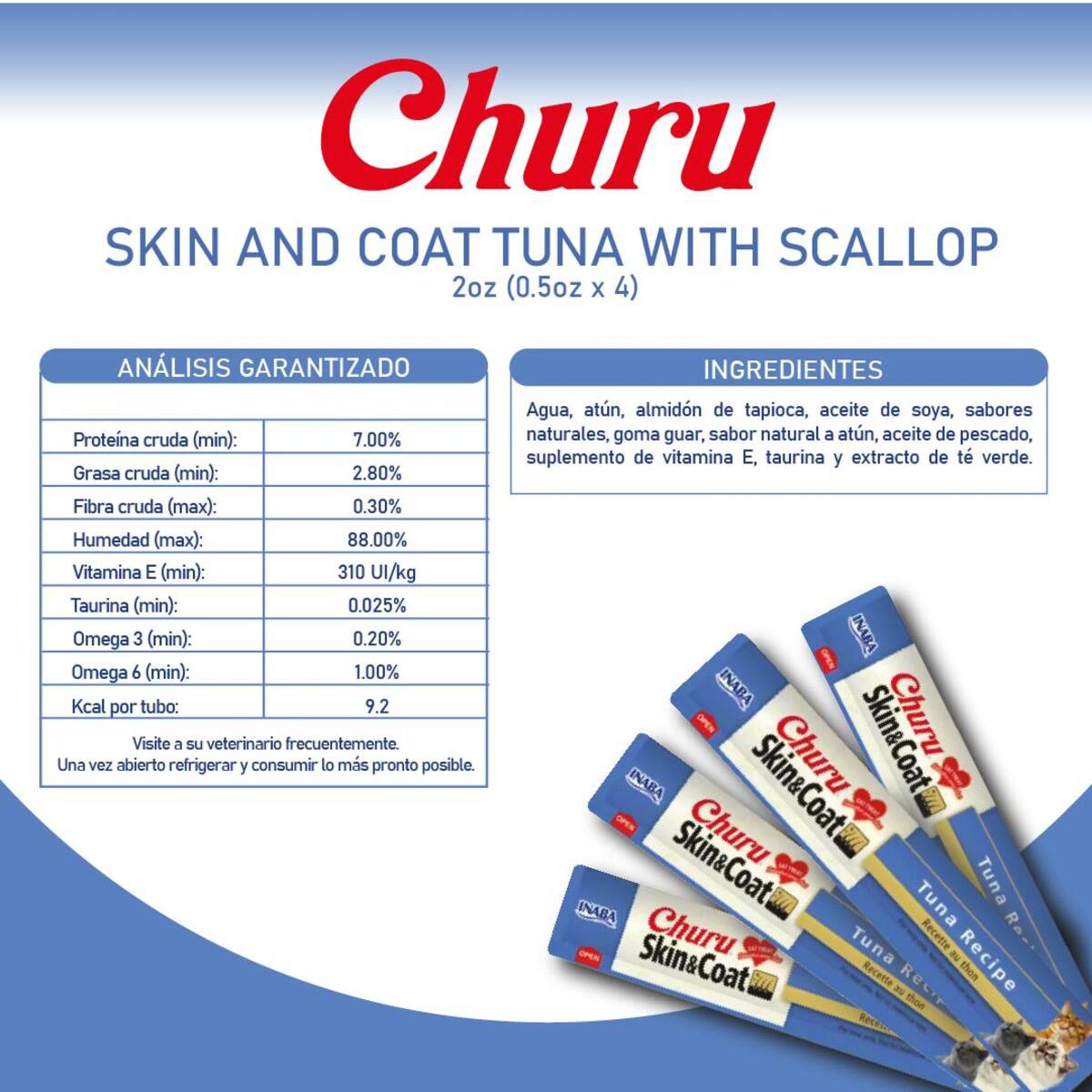 Churu Premio Cremoso Cuidado Piel y Pelo para Gato Todas las Edades Receta Atún, 4 pzs