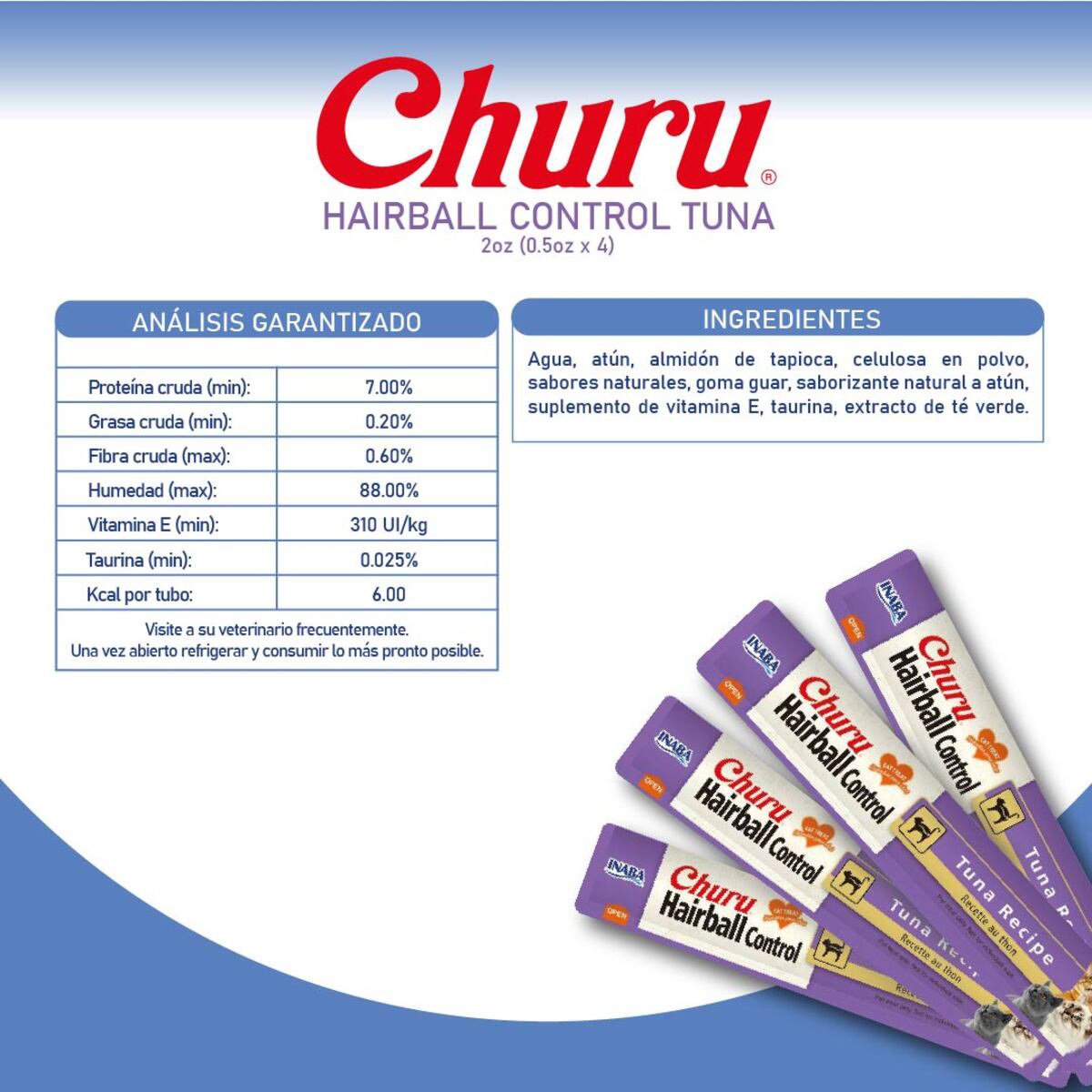 Churu Premio Cremoso Cuidado Bolas de Pelo para Gato Todas las Edades Receta Atún 4 pzs