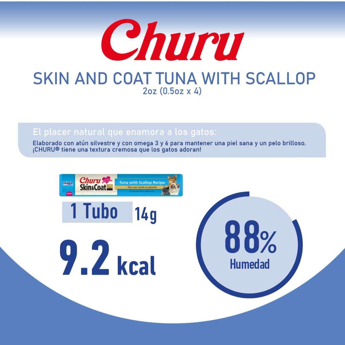 Churu Premio Cremoso Cuidado Piel y Pelo para Gato Todas las Edades Receta Atún con Escalopa 4 pzs