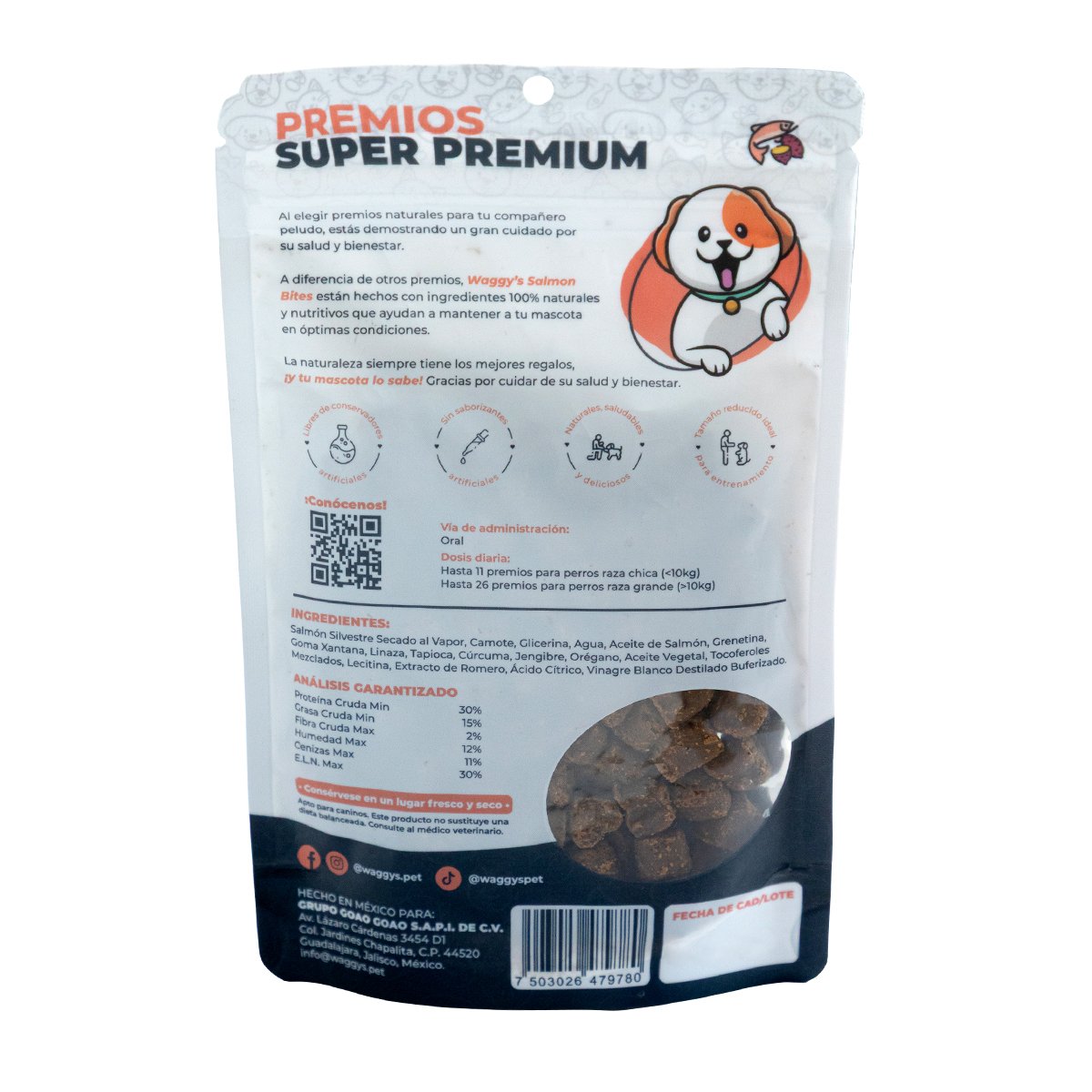 Waggy's Bites Premios Suaves Receta Salmón y Camote para Perro 100 g